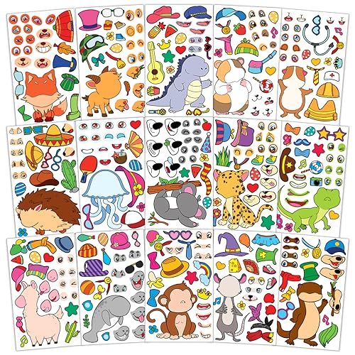 15 Sheets Make Your Own Animal Stickers for Kids Girls Boys Toddlers Face Decal Set Pack Custom Waterproof Decals Party Favors Craft Sticker Books Supplies Decoration Creativity