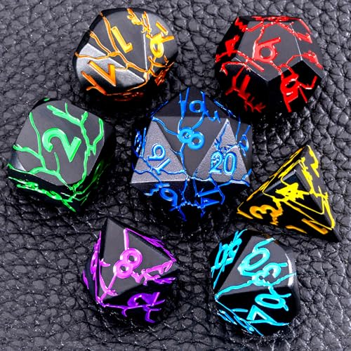 D&D Metal Dice Dungeons and Dragons Metal Dice Set with Cracks, Polyhedral Dice Set for RPG TTRPG D&D Die with Gift Case - color: Black and Coloured Cracks