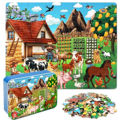 LELEMON Puzzles for Kids Ages 4-6,60 Piece Puzzles for Kids in a Metal Box | Farm Educational Jigsaw Puzzles Kids Puzzles,Childrens Puzzle Games Puzzle Toys for Girls and Boys - color: Farm
