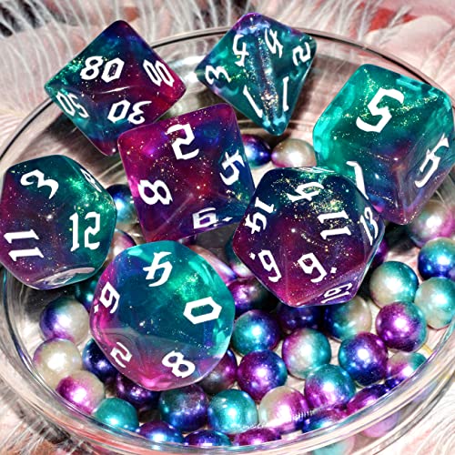 Galaxy Dice Set| Dark Green Mix Purple Crystal DND Dice Set for Board Game - color: Dark Green Purple