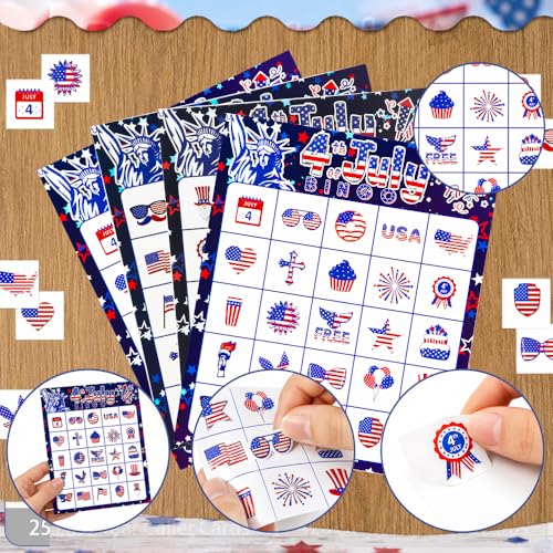 4th of July Bingo Game Cards, 24 Players Patriotic Bingo Cards, Fourth of July Bingos Game for Adults Outdoor Family Friends Student Large Group Activities Independence Day Party Favors Supplies - color: Red and Blue