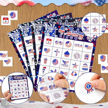 4th of July Bingo Game Cards, 24 Players Patriotic Bingo Cards, Fourth of July Bingos Game for Adults Outdoor Family Friends Student Large Group Activities Independence Day Party Favors Supplies - color: Red and Blue