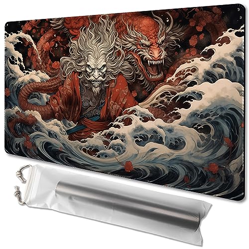 MTG Playmat Size 24x14in Free Storage Bags Non-Slip Backing Printing, Ideal for Card Game Enthusiasts TCG Playmat (Dragon and Dragon,No with Zone) - color: Dragon and Dragon-no With Zone
