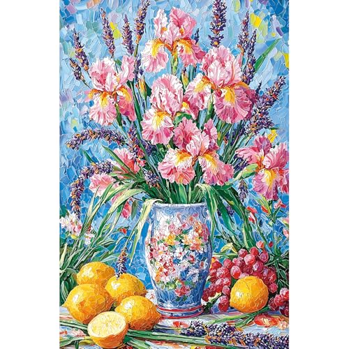 Colorful Floral 500 Piece Jigsaw Puzzles for Adults Vintage Vase with Iris Flower Still Life Art Puzzles with Letters on Back Perfect for Family Seniors Game Nights Adult (23”x15”) - color: Colorful Floral