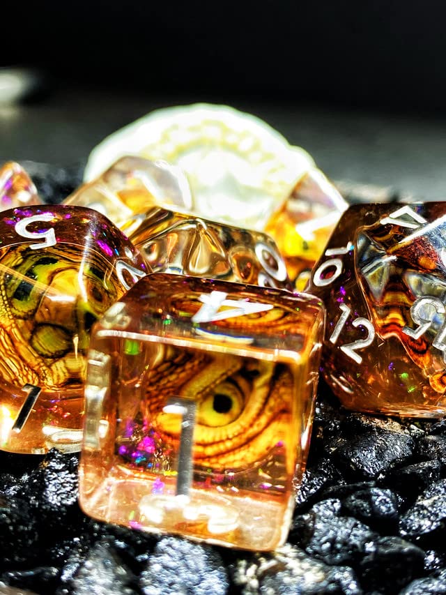 Sage's Portal Animal Familiars Resin DND Dice Set Polyhedral Dice Set for Dungeons and Dragons RPG Pathfinder Tabletop TTRPG (Bottled Gold Dragon Eyes) - color: Bottled Gold Dragon Eyes