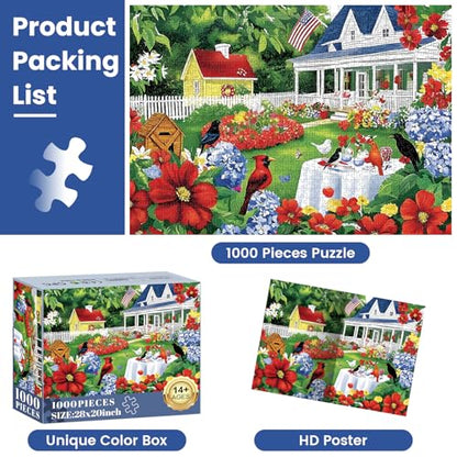 1000 Piece Puzzle for Adults, Beautiful Garden Scene Puzzles, Birds and Flowers Jigsaw Puzzles 1000 Pieces,Fun Landscape Puzzle for Adults Kids Seniors,Challenging Family Game Great Gift Idea,28*20 in - style: Garden Scene