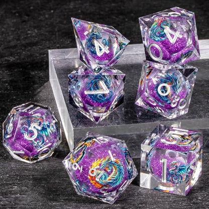 OUKELANWO Liquid Core Dragons Stickers DND Dice Set D&D, 7Pcs Dungeons D and D Role Playing Dice with Gift Box, Resin Sharp Edge Dice D20 D12 D10 D8 D6 D4, Purple White - color: Purple