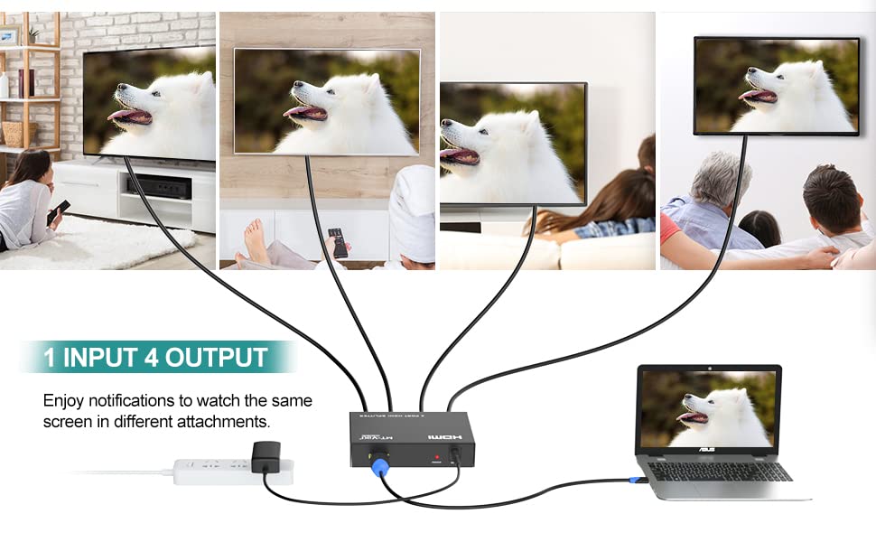 MT-ViKI HDMI Splitter 1 in 4 Out, 4K 30Hz Powered HDMI Distributor for 4 Monitors, Supports 3D & HDCP 1.4, Mirror Only, Compatible with Gaming Consoles with Power Adapter - size: 1x4 4K30