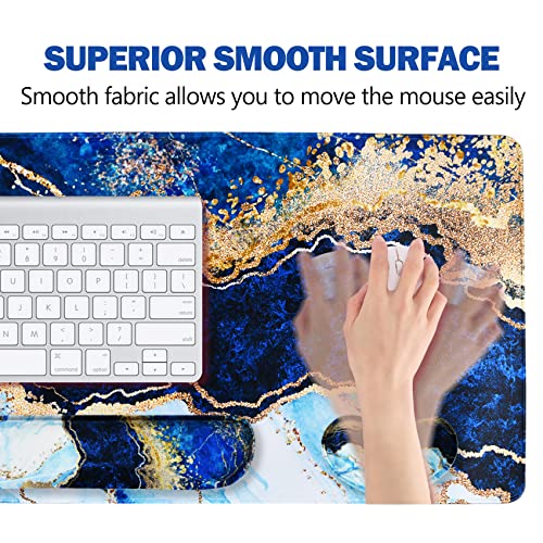 ARTSO Large Gaming Mouse Pad, Keyboard Wrist Rest Pad & Wrist Support Mousepad Set, Stitched Edge, Extended, Non-Slip Base, Memory Foam,Multifunctional Desk Mat 4pcs for Office & Home, Blue Marble - color: Blue Marble