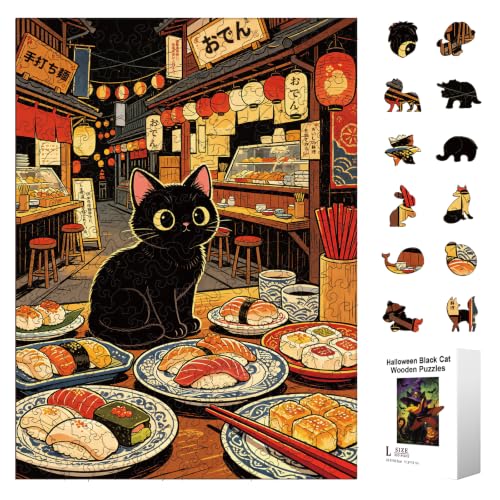 300pcs Dim Sum and the Black Cat Wooden Puzzles for Adults | Wood Jigsaw Puzzles with Unique Animal Shaped Pieces Challenging Puzzle for Family Game Birthday Gift Home Decor - color: Dim Sum & Black Cat