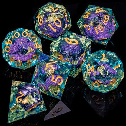 ARUOHHA Liquid Core DND Dice Set, 7pcs Resin Sharp Edged Dragons Dice RPG Role Playing Games, Purple Blue Polyhedral Dungeons D and D Dice with Gift Box D20 D12 D10 D8 D6 D4 - color: Purple Blue