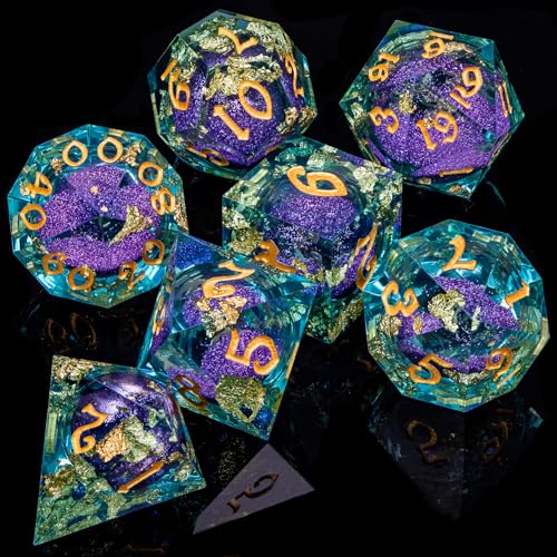 ARUOHHA Liquid Core DND Dice Set, 7pcs Resin Sharp Edged Dragons Dice RPG Role Playing Games, Purple Blue Polyhedral Dungeons D and D Dice with Gift Box D20 D12 D10 D8 D6 D4 - color: Purple Blue