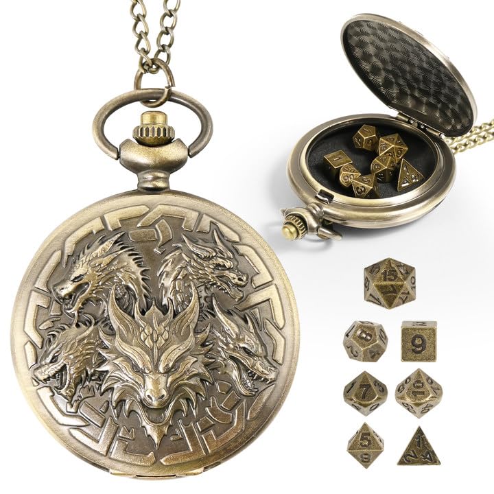 D&D Dice Set,7PCS Metal Dice for Dungeons and Dragons,Mini Dice Set with Pocket Watch Case,Role Playing Board Games Accessories (Dragon, Bronze) - color: Bronze, style: Dragon