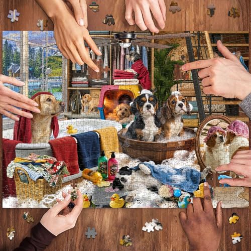 HUADADA-Puppy Bath Time-Jigsaw Puzzles for Adults 1000 Pieces, Interlock Perfectly No Dust, Impossible Difficult Hard Fun 1000 Piece Jigsaw Puzzles for Adults-1:1 Poster - color: Puppy Bath Time