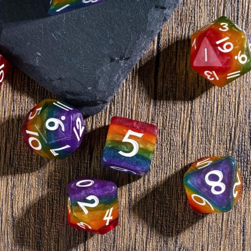 Rainbow DND Dice Set D&D Glitter Polyhedral Dice for Tabletop Games | Leather Storage Bag, DM Gift, for Dungeons and Dragons Role Playing Games - color: Rainbow
