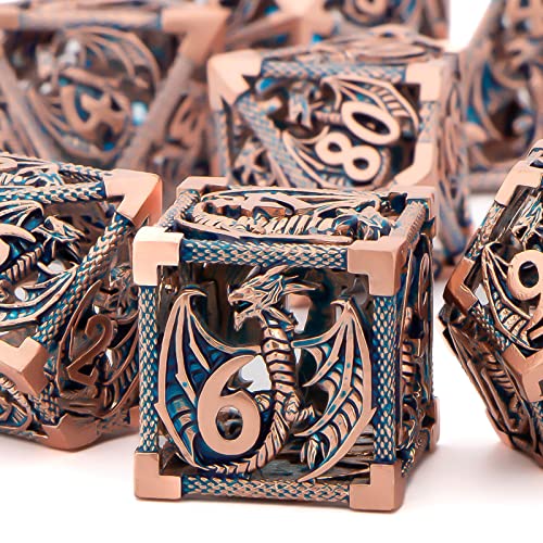KERWELLSI Hollow DND Dice Set D&D with Gifts Box, 7pcs Polyhedral Metal D and D Dice for Role Playing Game, Dungeon Dragon Dice D20 D12 D10 D8 D6 D4 (Gold Blue) - color: Gold Blue