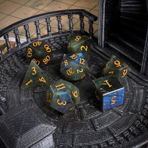 LUCKY-M Labradorite Gemstone DND Dice Set, 7 PCS Dungeons and Dragons Dice with Case for RPG, Unique Stone Dice Set D&D D4 D6 D8 D10 D00 D12 D20(LD-Gold) - color: Ld-gold