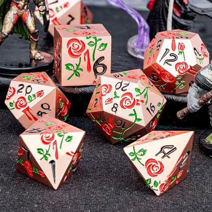 Gothic DND Dice Set Bleeding Rose Metal D and D Dice for use with Dungeons Dragons D&D Role Playing Game, Red Copper RPG Polyhedral Dice Set D20 D12 D10 D8 D6 D4 - color: Red&copper&black Numbers
