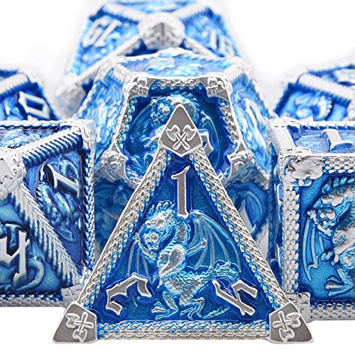 AUSTOR 7-Die Metal DND Dice Set Dungeons and Dragons Polyhedral Roll Playing Dice with Box D20 D12 D10 D% D8 D6 D4 for Pathfinder MTG RPG Board Games - color: Sky Blue With Silver Edge