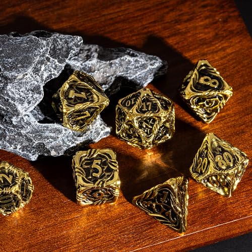 7-Die Metal DND Dice Set Metallic Polyhedral Role Playing Dice | Vine Design PU Leather Pouch for Dungeons and Dragons RPG Table Games - color: Vine-gold Black