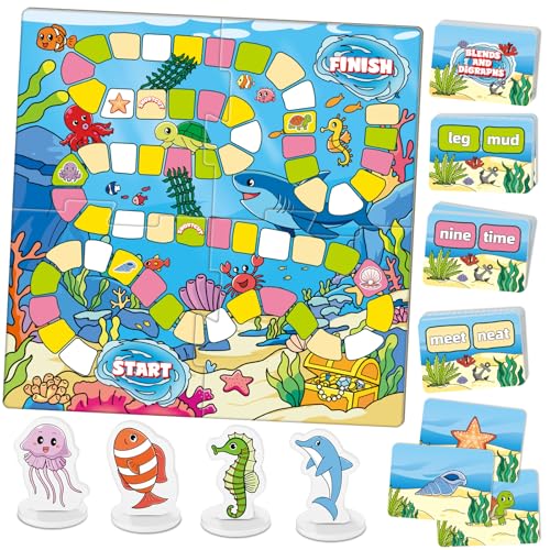 Broytain Word Ocean Phonics Board Game for Kids, Educational Learning Board Game for Boys and Girls, Reading and Spelling Game Ages 4-6, Classroom Travel Indoor Outdoor Family Game