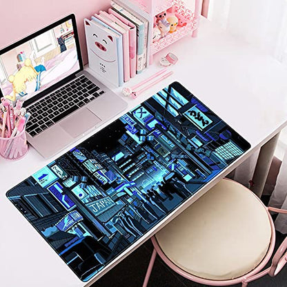 Japanese Gaming Arcade Blue Large Gaming Mouse Pad Keyboard Desk Pad Extended Mouse Pad Gaming Office Decor, Pc Laptop Mouse Pads Large (31.5x15.7 in) with Stitched Eges Non-Slip Base Mousepad XXL - color: Pixel Game Scenery