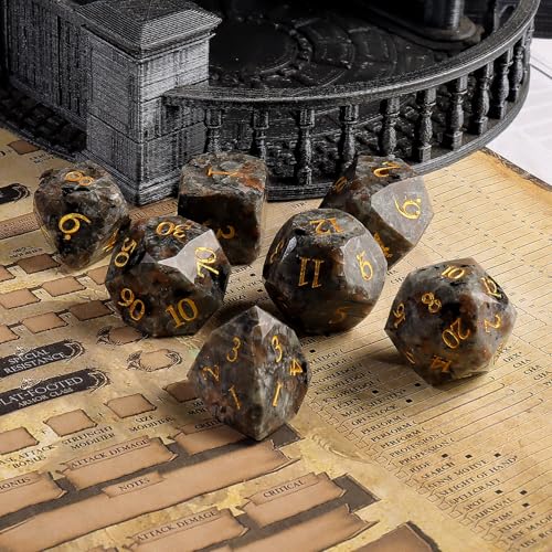 Natural Flame Yooperlite Gemstone 7-Piece Diamond Cut Dice Set D&D Set for Dungeons and Dragons, RPG, Tabletop Games, remium Gift Box & Durable Design - color: Ls-5
