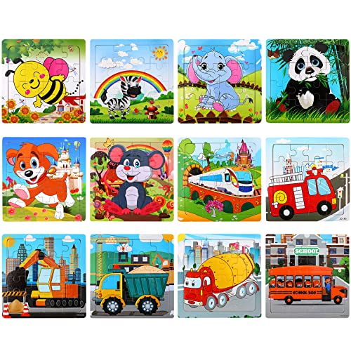 SANNIX 12 Pack Wooden Jigsaw Puzzles for Toddlers 3-5 Years Old | Party Favors Animals Jigsaw for Kids, Transportation Educational Puzzles, Travel Toy with 12 Organize Bags - style: Vehicles + Animals