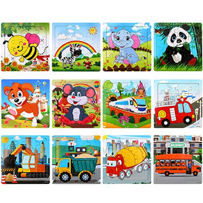 SANNIX 12 Pack Wooden Jigsaw Puzzles for Toddlers 3-5 Years Old | Party Favors Animals Jigsaw for Kids, Transportation Educational Puzzles, Travel Toy with 12 Organize Bags - style: Vehicles + Animals