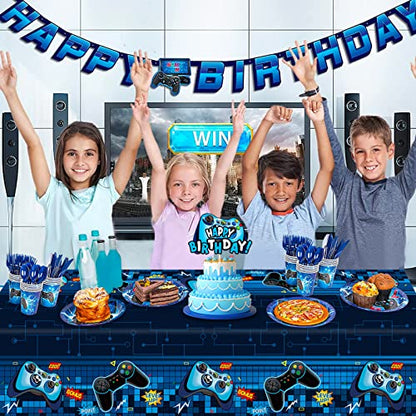 Video Game Rectangular Tablecloth, 3 Pcs Blue PE Plastic Disposable, 54'' x 108'', for Boys Gamer Birthday Party Decorations | Disposable PE plastic covers for boys' gamer birthdays, arcade parties, e-sports events, game rooms, and outdoor picnics