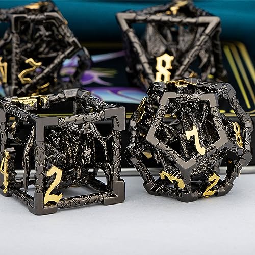 ARUOHHA Hollow DND Dice Set Black Gold 5-Headed Dragons D and D Dice with Gift Box, RPG Role Playing Games 7PCS Metal Dungeons Polyhedral Dice Set D20 D12 D6 - color: Black Gold-02