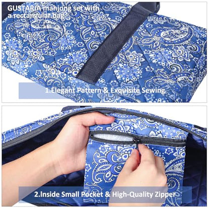 American Mahjong Game Set, 166 Quality White Tiles, 4 All-in-One Color Rack/Pushers, Mahjong Tile Set with Blue Printed Carrying Bag - color: Blue