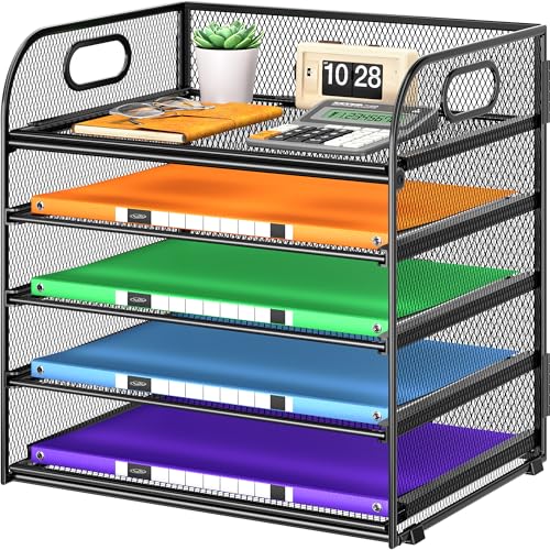 Cawukege 5 Tier Paper Organizer with Handle, Black Metal Mesh Desk Organizer File Folder Paper Letter Tray Desktop Document Sorter for Classroom, School, Office Accessories Organization and Storage - color: Black