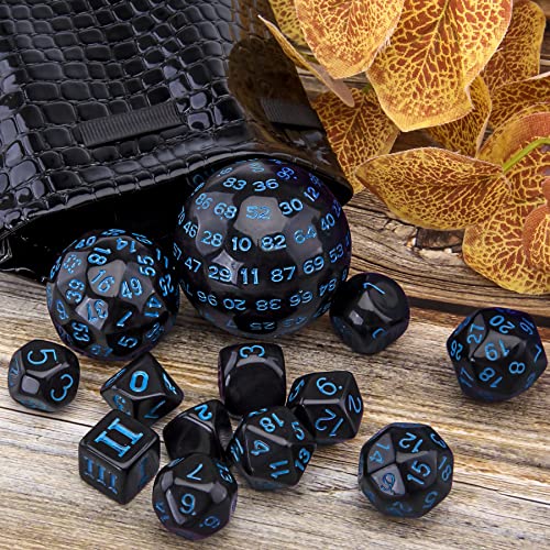 AUSTOR 15 Pieces Complete Polyhedral Dice Set D3-D100 Game Dice Set with a Leather Drawstring Storage Bag for Role Playing Table Games(Black & Blue) - color: Black & Blue