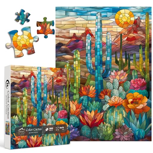 Cactus Puzzles for Adults 1000 Pieces and up, PICKFORU Stained Glass Puzzle Including Mosaic Art Cactus, Colorful Succulent Puzzles for Plant Lovers - style: Color Cactus