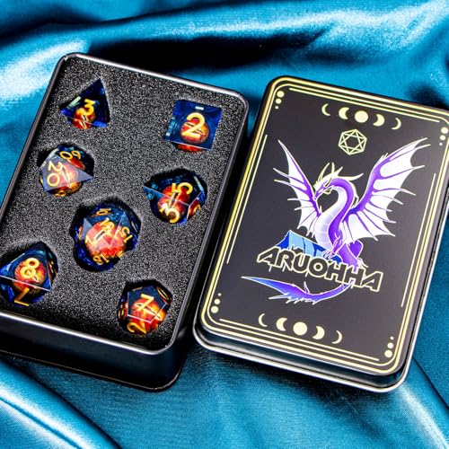 ARUOHHA DND Resin Dice Gazes Eye Dice Golden Blue Liquid Core Flaming RPG Sharp Edged Dice Set with Gift Box, Polyhedral D and D Dice Set Compatible with Dungeons Dragons Role Playing Game D20 D6 - color: Sl01-blue Gold