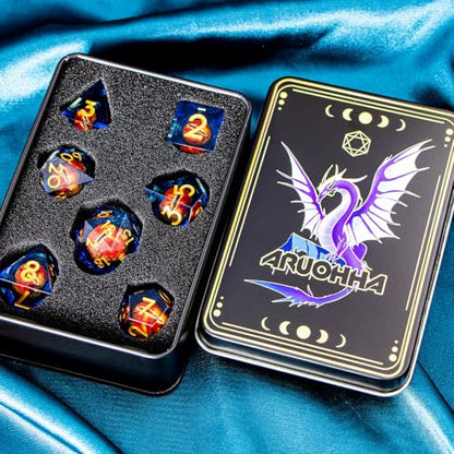 ARUOHHA DND Resin Dice Gazes Eye Dice Golden Blue Liquid Core Flaming RPG Sharp Edged Dice Set with Gift Box, Polyhedral D and D Dice Set Compatible with Dungeons Dragons Role Playing Game D20 D6 - color: Sl01-blue Gold