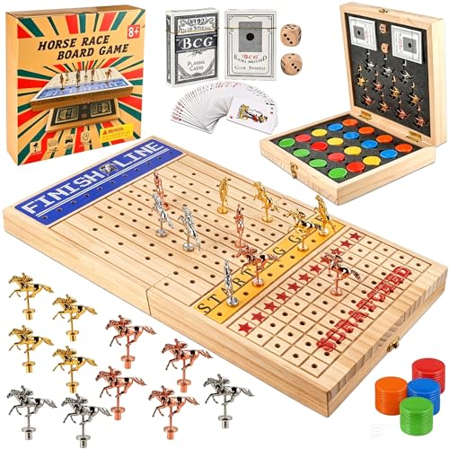 Horse Race Board Game, Foldable Wood Race Board, Race Horse Game | 21 In Horse Race Board with 11 Metal Horses 2 Dice 2 Decks of Cards and 120 Chips for Friends Adults Family Party Game Night