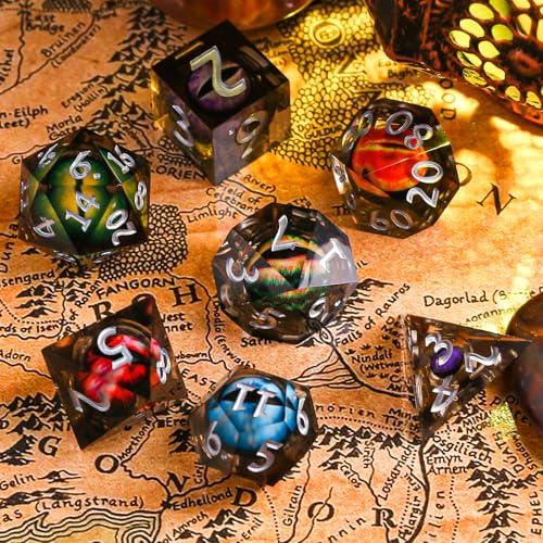 DND Dice Set Dungeons and Dragons Dice, 7 Piece Liquid Core Eye Dice Set D&D Dungeons and Dragons Sharp Edge Resin Dice with Gift Box, Polyhedral Role Playing RPG Dice D20 D12 D10 D8
