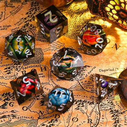 DND Dice Set Dungeons and Dragons Dice, 7 Piece Liquid Core Eye Dice Set D&D Dungeons and Dragons Sharp Edge Resin Dice with Gift Box, Polyhedral Role Playing RPG Dice D20 D12 D10 D8