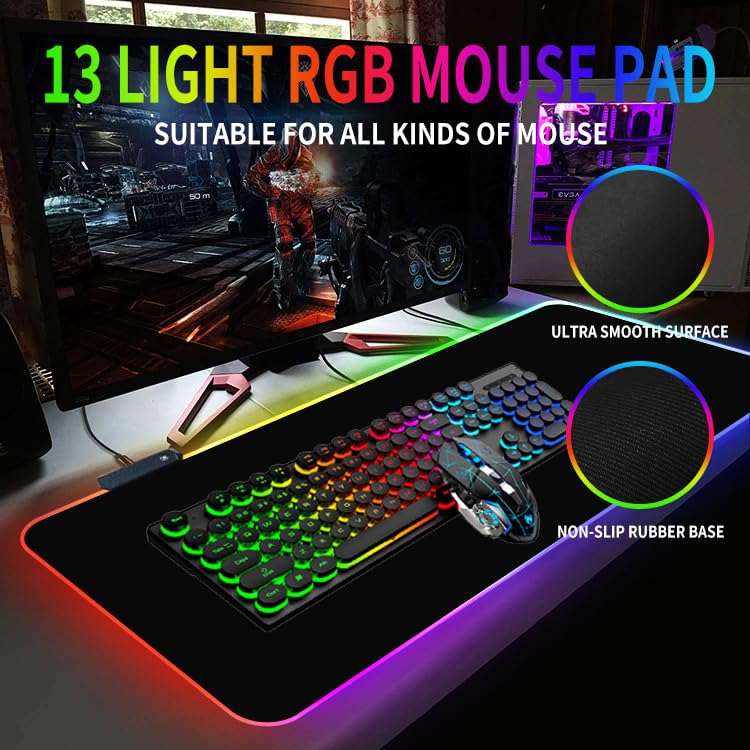 RGB Gaming Mouse Pad,13 Colors Led Light RGB PC Large Gaming Desk Mat, Non-Slip Rubber Based with Waterproof Coating Big Mouse Pad 31.5X11.8 in
