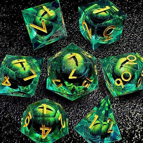 HAOMEJA DND Resin Dice Beholder's Dragon Eye Liquid Core Dice Set with Gift Eye Bag, Sharp Edges Dice Set 7 PCS Apply to Dungeons and Dragons Dice D20 D12 D10 D100 D8 D6 D4 (Eye Green) - color: 7 Eye Green