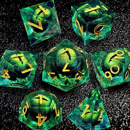 HAOMEJA DND Resin Dice Beholder's Dragon Eye Liquid Core Dice Set with Gift Eye Bag, Sharp Edges Dice Set 7 PCS Apply to Dungeons and Dragons Dice D20 D12 D10 D100 D8 D6 D4 (Eye Green) - color: 7 Eye Green