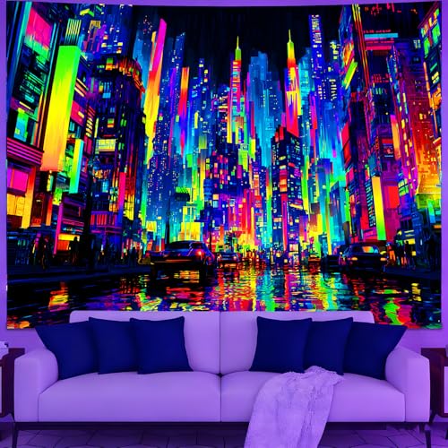 KKYEJLQYI UV Reactive Tapestry, Black Light Neon Wall Tapestry, Luminous Space Tapestry, Bedroom, Living Room, Game Room Decoration Large Tapestry, Cyber City - color: City-4