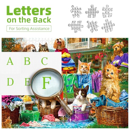 Laundry Day Puzzles for Adults 1000 Pieces, Funny Dogs & Cats Jigsaw Puzzle | Colorful Backyard Theme Challenging Puzzle with Letter on Back & Reference Poster, Ideal for Adult Entertainment Family Game - color: Laundry Day
