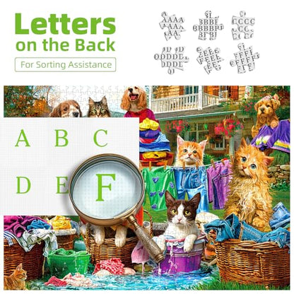 Laundry Day Puzzles for Adults 1000 Pieces, Funny Dogs & Cats Jigsaw Puzzle | Colorful Backyard Theme Challenging Puzzle with Letter on Back & Reference Poster, Ideal for Adult Entertainment Family Game - color: Laundry Day