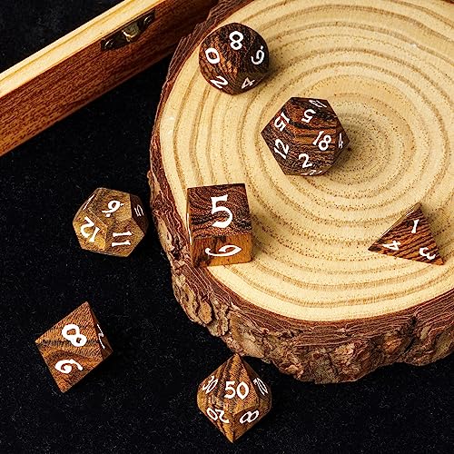 Wood DND Dice Set 7PCS Brown Wooden Dice Set for D&D Tabletop Games | Iron Box, DM Gift, for Dungeons and Dragons Role Playing Games - color: Brown Black Striped