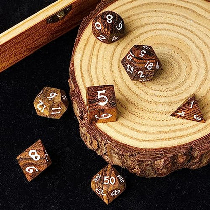 Wood DND Dice Set 7PCS Brown Wooden Dice Set for D&D Tabletop Games | Iron Box, DM Gift, for Dungeons and Dragons Role Playing Games - color: Brown Black Striped