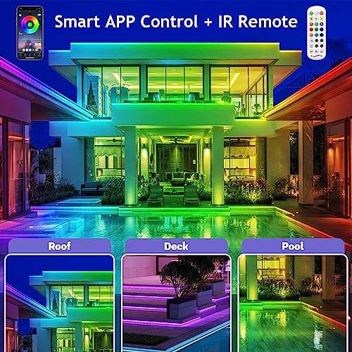 LETIANPAI 200ft Outdoor LED Strip Lights Waterproof, IP68 Outside Led Light Strips with App and Remote,Music Sync RGB Exterior Rope Self Adhesive Back for Deck,Balcony,Pool - size: 200FT Outdoor