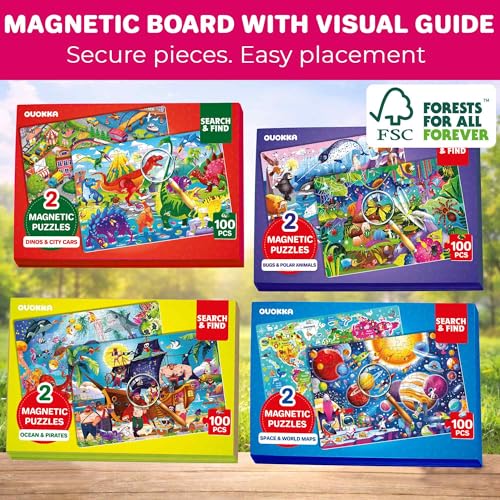 QUOKKA Magnetic Puzzles for Kids Ages 4-6 – 100 PCS Magnetic Puzzle Book for Toddlers 3-5 – 2 Puzzles & 2 Spot The Difference Maps – Search & Find Travel Games – Space, World Map Toddler Travel Toys - color: Maps 100pcs